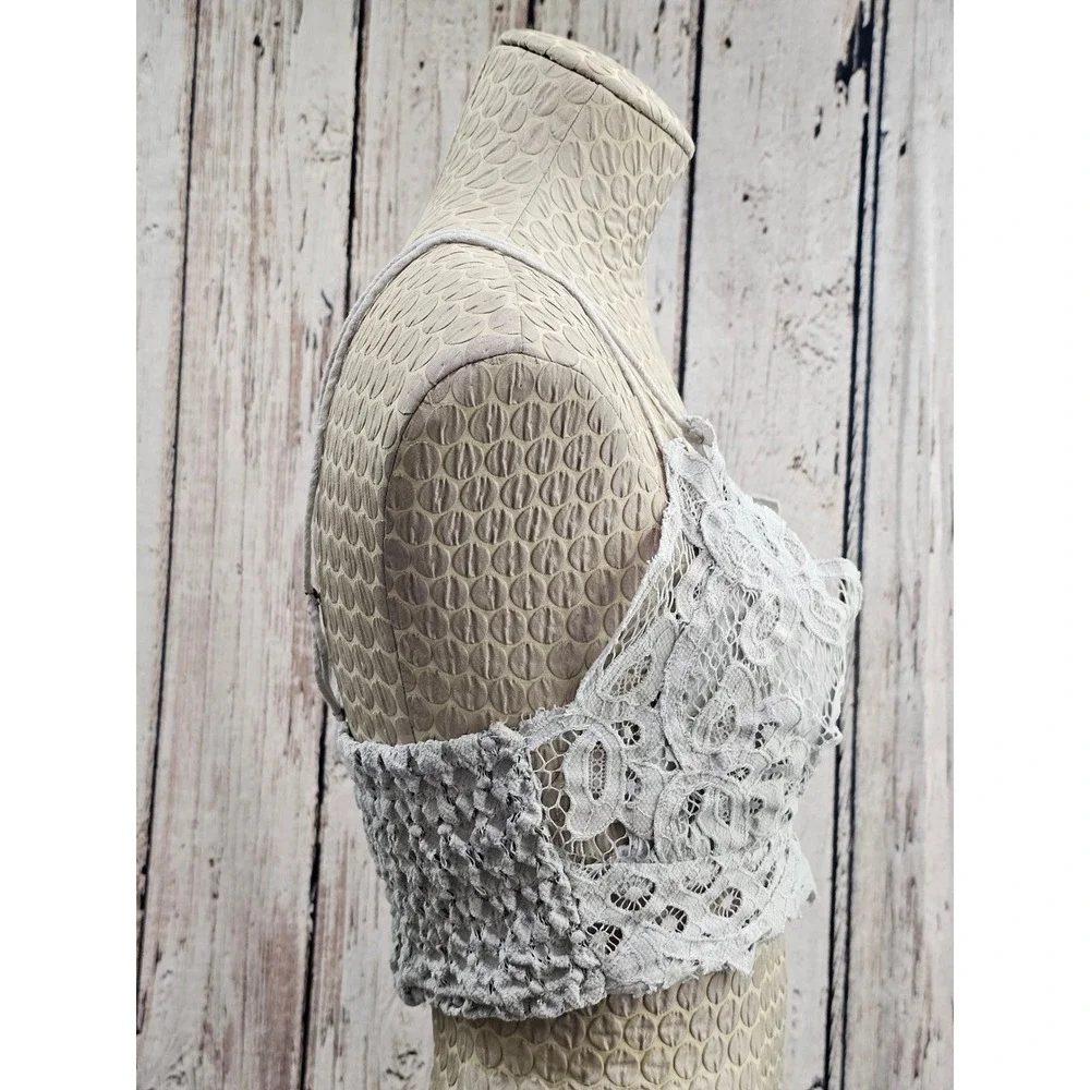 Free People FP One Adella Lingerie Top L Grey Lace Boho Strappy V-Neck Cropped